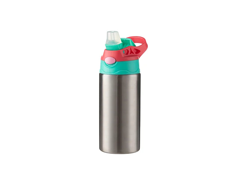 12oz/360ml Sublimation Blanks Kids Stainless Steel Bottle With Silicon Straw & Red Cap(Silver)