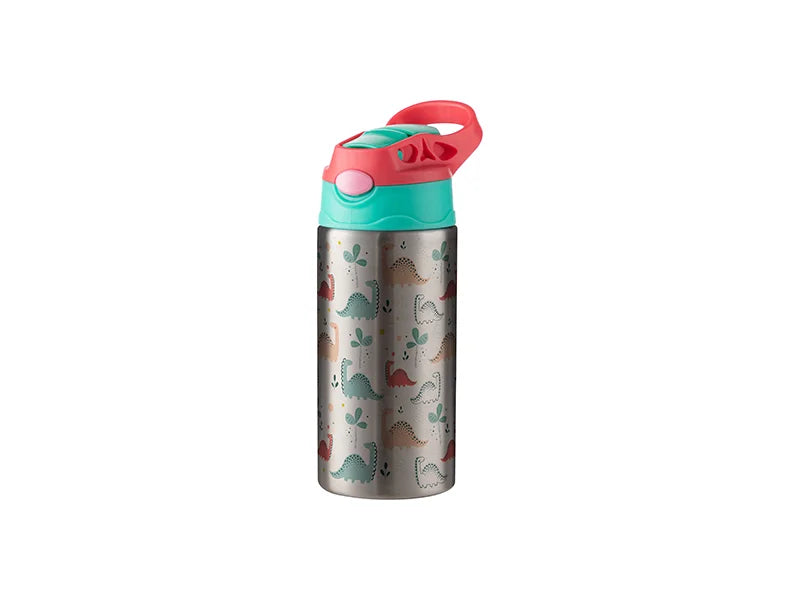 12oz/360ml Sublimation Blanks Kids Stainless Steel Bottle With Silicon Straw & Red Cap(Silver)