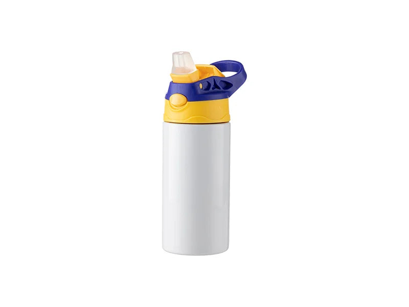 12oz/360ml Sublimation Blanks Kids Stainless Steel Bottle With Silicon Straw & Blue Cap(White)