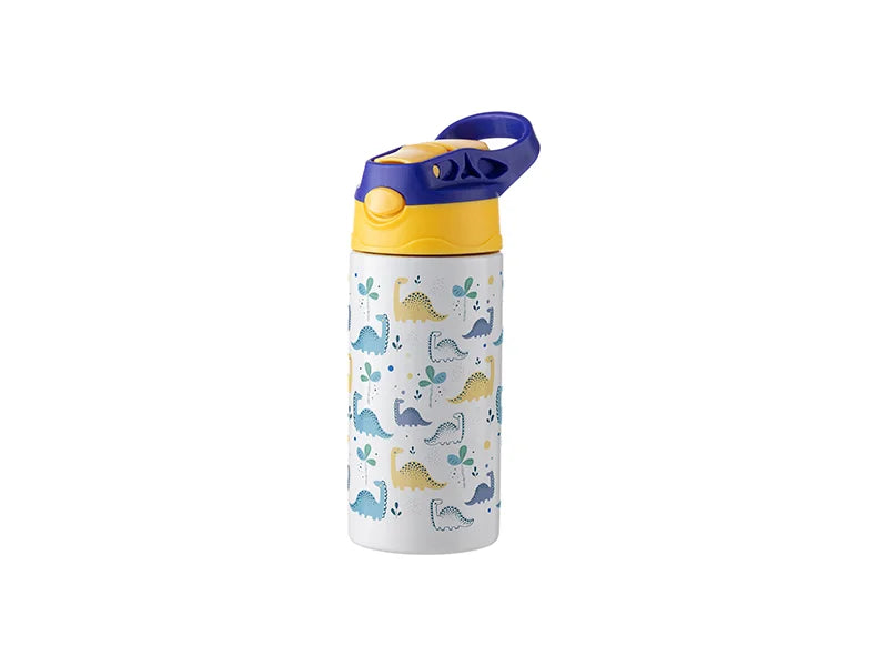 12oz/360ml Sublimation Blanks Kids Stainless Steel Bottle With Silicon Straw & Blue Cap(White)