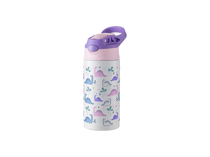 12oz/360ml Sublimation Blanks Kids Stainless Steel Bottle With Silicon Straw & Purple Cap(White)