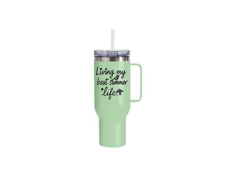 Sublimation 40oz/1200ml Stainless Steel Matte vwith Silver Trim &Clear Slide Lid & Plastic Straw(Matte Metal Handle, Light Green)