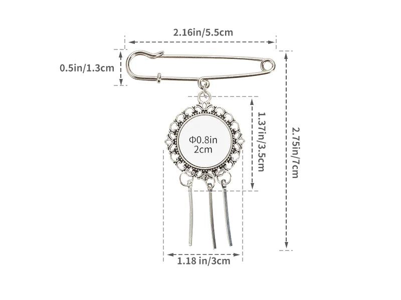 Sublimation Blanks Pin Brooch Charm w/ Small Strip Pendant (Round, 5.5*7cm)