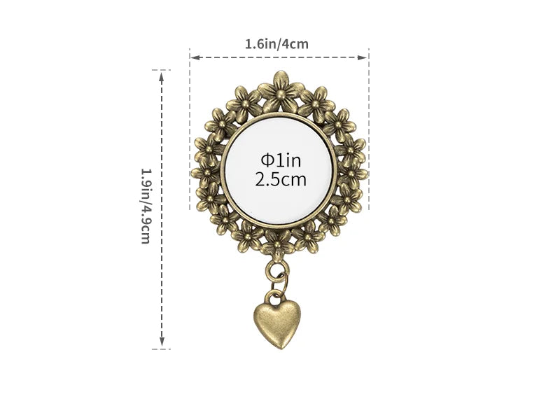 Sublimation Blanks Pin Brooch Charm w/ Heart Pendant (Round, φ2.5cm)