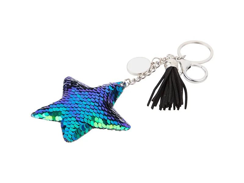 Sublimation Sequin Keychain w/ Tassel and Insert (Blue and Green Star)