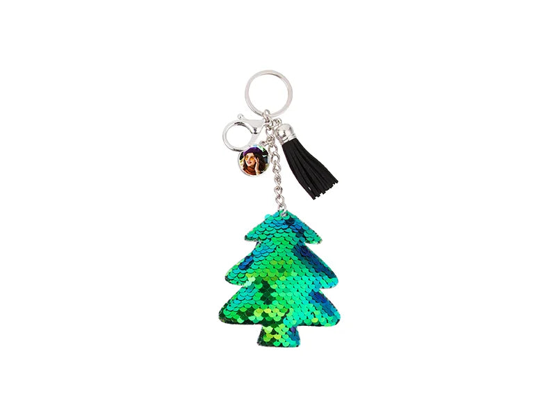 Sublimation Sequin Keychain w/ Tassel and Insert (Blue and Green Christmas Tree)