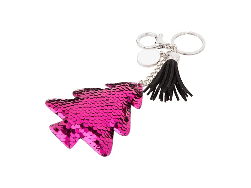 Sublimation Sequin Keychain w/ Tassel and Insert (Purple Red Christmas Tree)