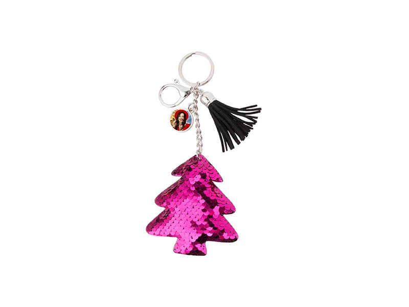Sublimation Sequin Keychain w/ Tassel and Insert (Purple Red Christmas Tree)