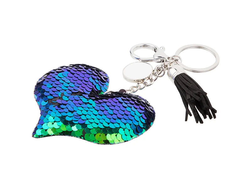 Sublimation Sequin Keychain w/ Tassel and Insert (Blue and Green Heart)