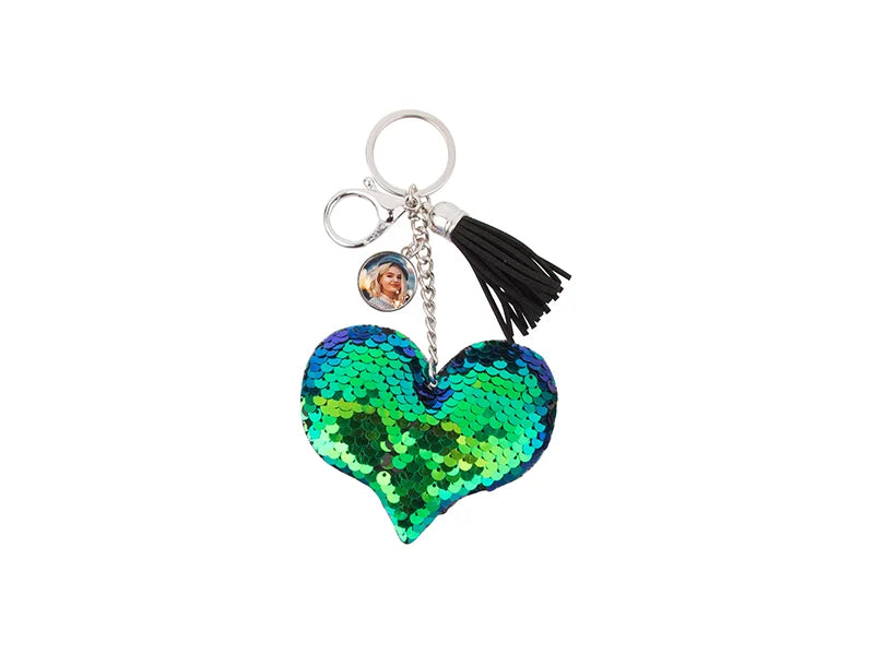 Sublimation Sequin Keychain w/ Tassel and Insert (Blue and Green Heart)